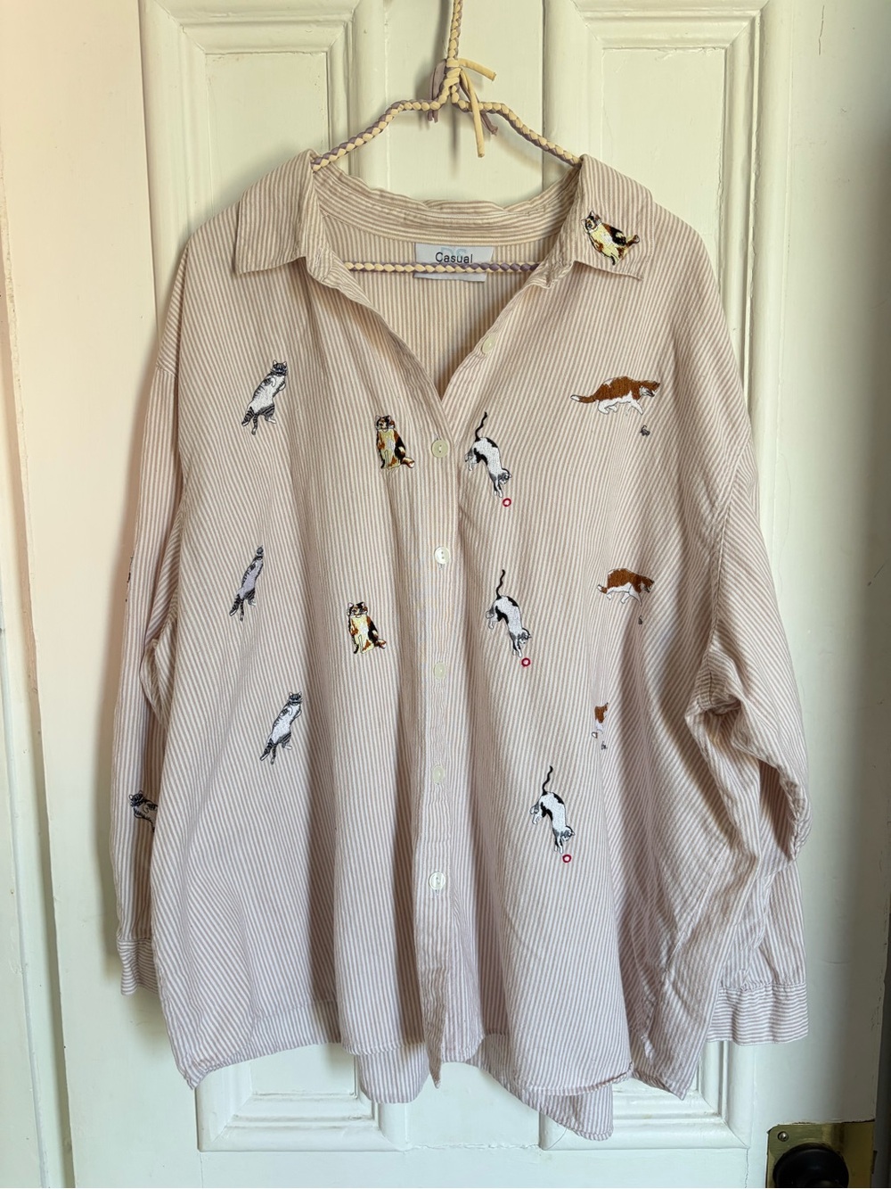 Vintage 100% Cotton Striped Button-Up Shirt with Cat Embroidery